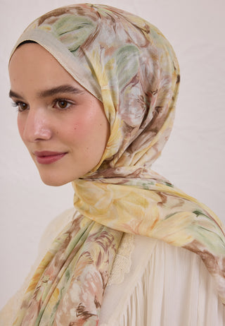 Pure Flora Patterned Rami Hijab Soft Yellow