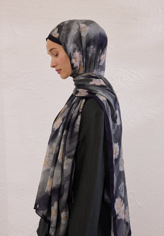 Soft Daisy Patterned Rami Hijab Navy Blue