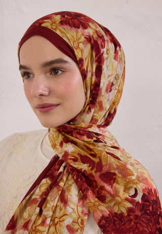 Summer Bloom Patterned Rami Hijab Burgundy