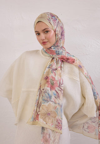 Vintage Garden Patterned Rami Hijab Soft Yellow