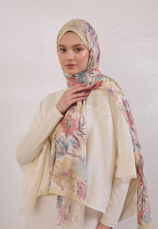 Vintage Garden Patterned Rami Hijab Soft Yellow