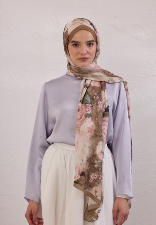 Vintage Rose Patterned Rami Hijab Taupe