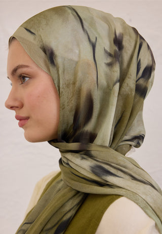 Dark Flora Patterned Rami Hijab Pistachio
