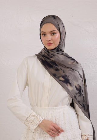 Dark Flora Patterned Rami Hijab Taupe