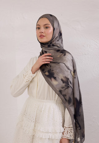 Dark Flora Patterned Rami Hijab Taupe