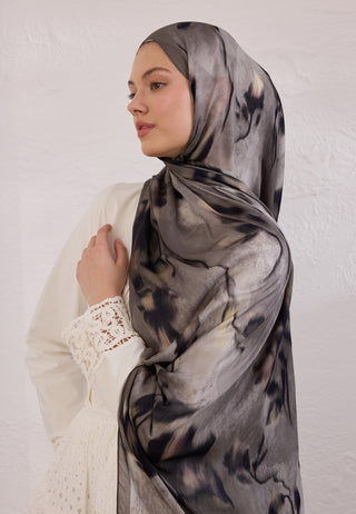 Dark Flora Patterned Rami Hijab Taupe