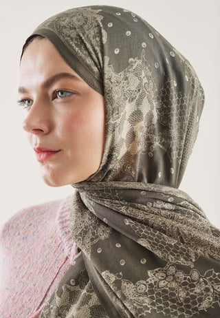 Floral Lace Pattern Rami Hijab Soft Khaki