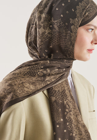 Floral Lace Pattern Rami Hijab Brown