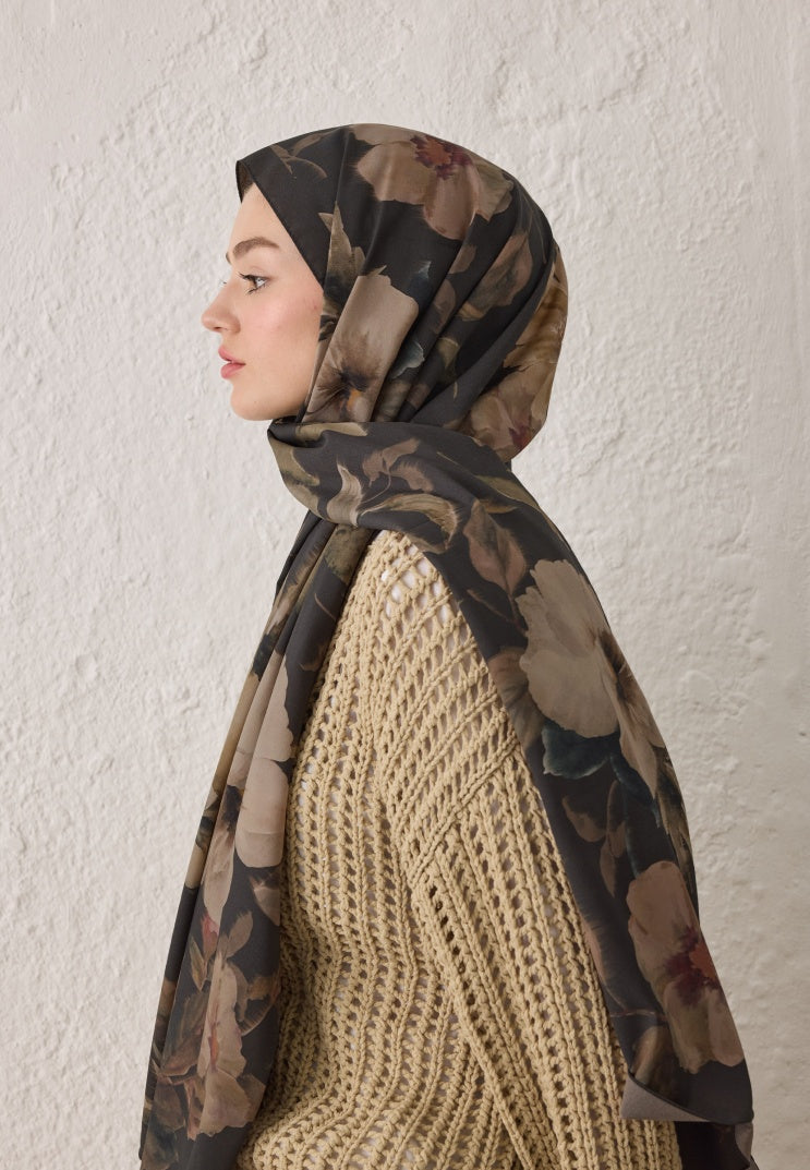 Soft Garden Pattern Hijab Dark Brown