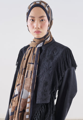 Abstract Blocks Rami Viscose Hijab Dark Brown