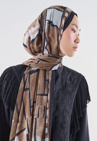 Abstract Blocks Rami Viscose Hijab Dark Brown