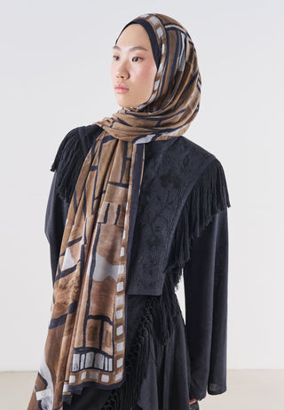 Abstract Blocks Rami Viscose Hijab Dark Brown