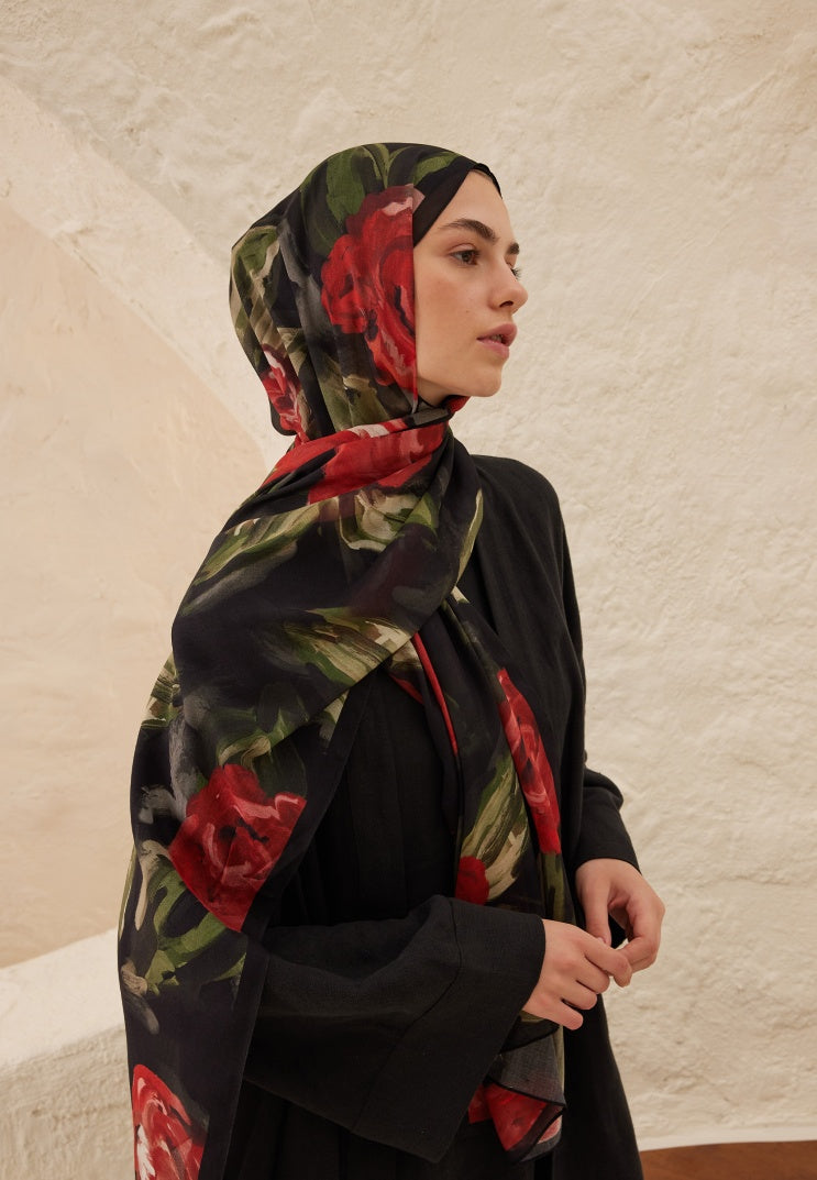 Summer Rose Pattern Rami Hijab Red