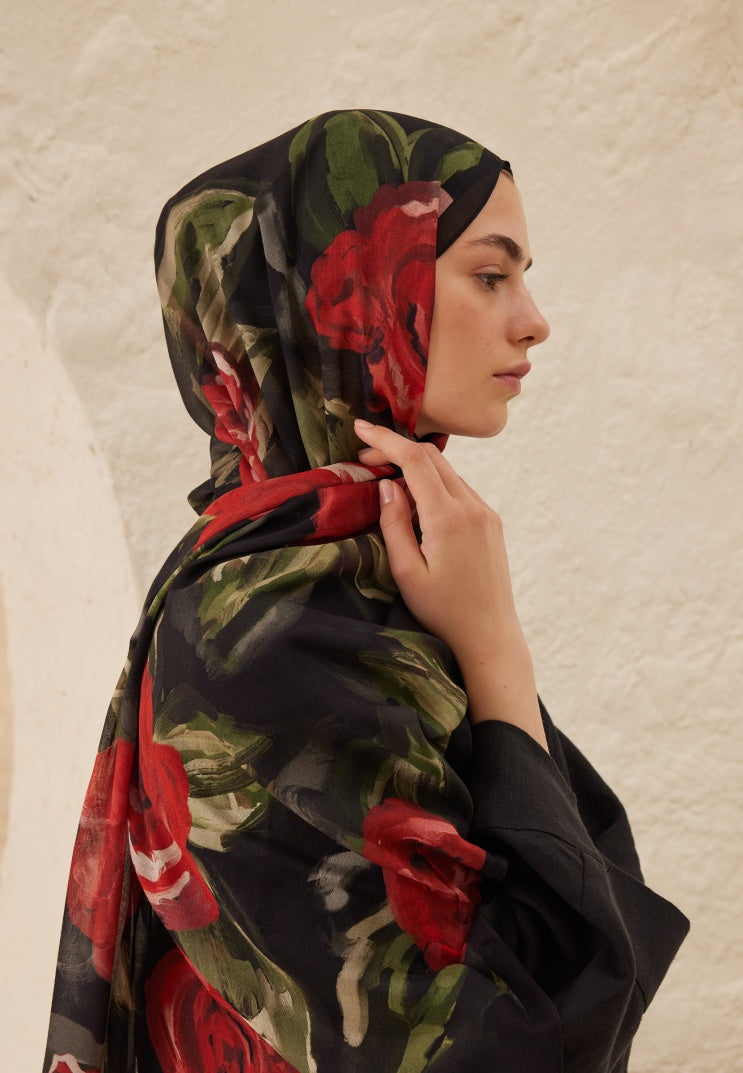 Summer Rose Pattern Rami Hijab Red